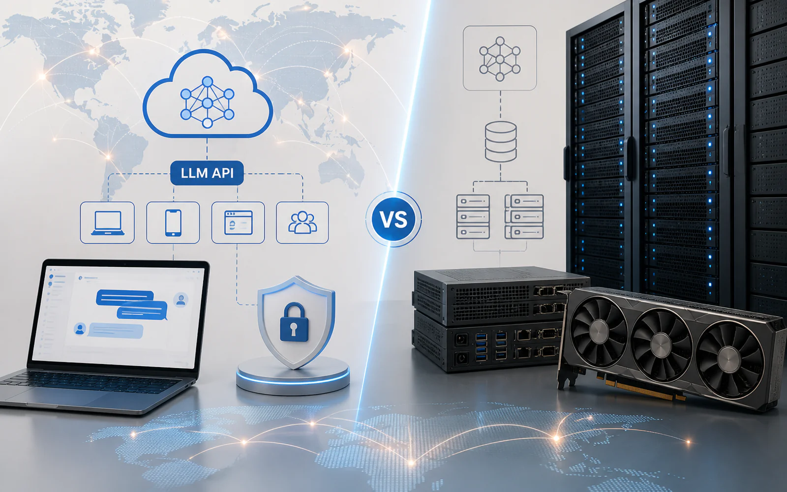展示大模型 API 调用流程与 GPU 云服务器推理部署对比的企业云计算场景